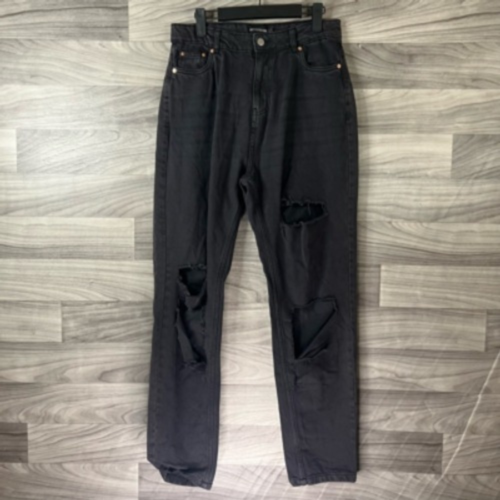 Pretty Little Thing Womens Boyfriend Jeans Black Distressed Pockets Denim Zip 6